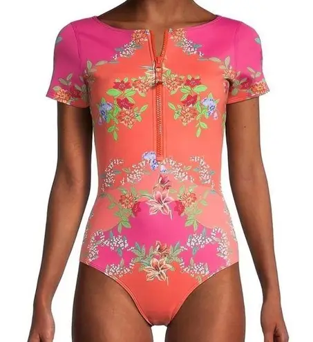 Johnny Was NWT Wave Surf One Piece Neoprene Orange Pink Floral Swim Suit $298