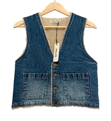 Rolla's Stevie Denim Sherpa Vest Women Size Small Blue Button Western Retro NEW