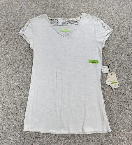 Earth Yoga Womens Top L White Lace Mesh Trim V Neck Capped Short Sleeve NEW Size L