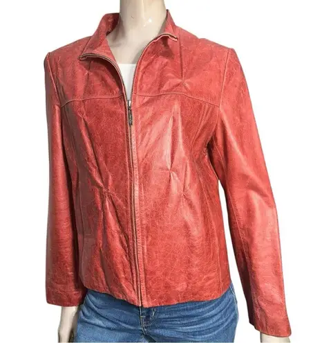 Pasha & Jo Women’s Size L Red Burgundy Distressed Leather Zip Up Jacket Size L