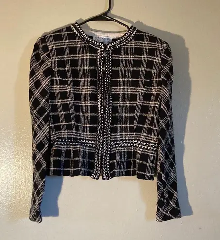 St. John Tweed Knit Women Zipper Blazer Size 10 Black Lime Green Tan & White