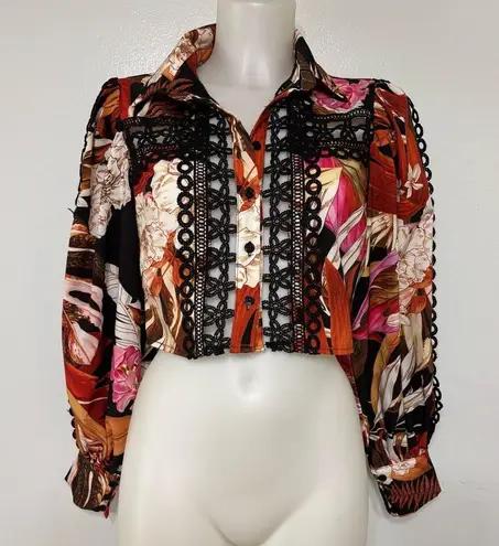 A. Peach Buckle Floral Crochet Cropped Blouse Size S Orange