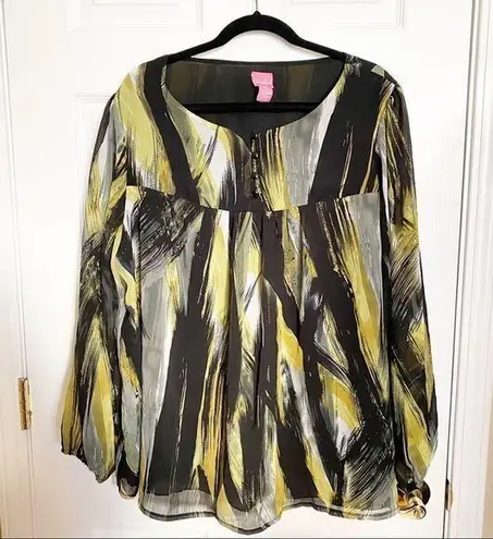 Du Jour Brush Stroke Print Sheer Sleeve Top Green Size 2X