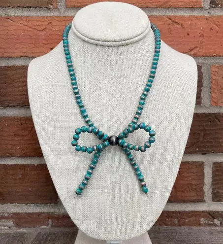 Navajo Style Pearl Bow Necklace with Brushed Turquoise Blue