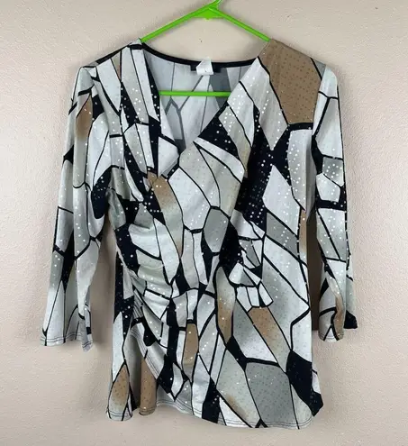 Vintage MSK Sequin Blouse Womens M Black Beige Asymmetrical Artsy Unique 90s Y2k Size M