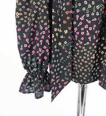 Never Fully Dressed Black Meadow Floral Tie Neck Long Sleeve Cinched Cuff Top 2