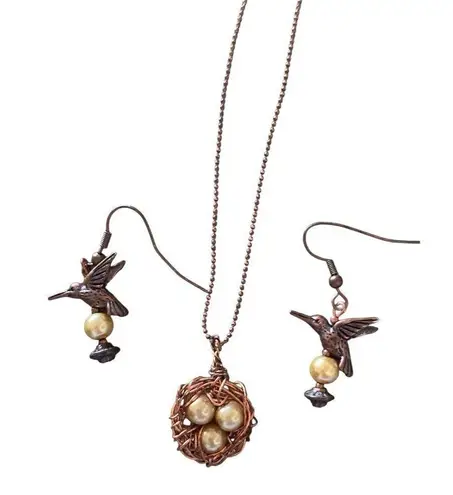 Vtg Copper Rosegold Hummingbird Jewelry Set Gold Accents egg nest pearl necklace