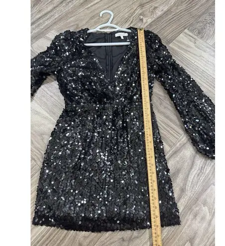 WAYF Womens Sequin Long Sleeve V Neck Mini Dress Black Size XS