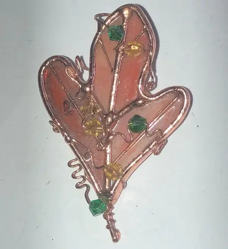 Copper Wire Stained Glass Leaf Pendant with Green and Yellow Accents Brown