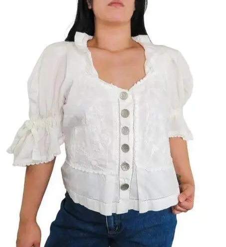 Vintage Umberto Ginocchoetti Victorian White Puff Sleeve Blouse Silver Buttons Size L