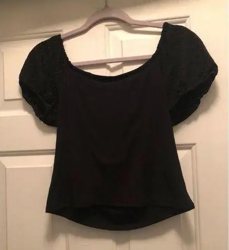 Poof! Size large black crop top crochet shoulder details