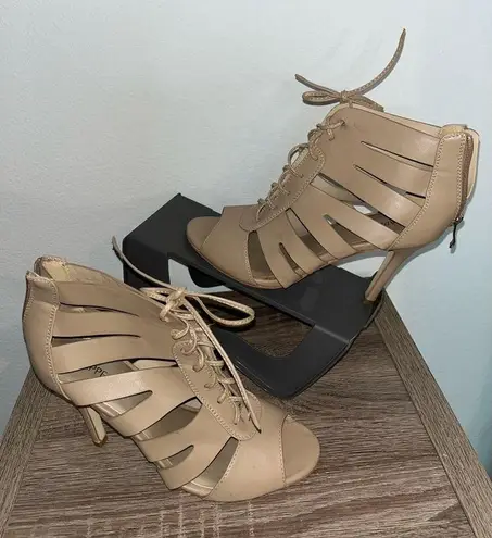 X-Appeal Chic Feminine Beige Tan Peep Toe Cut Out Lace Up 4-Inch Heel Shoes Sz 8