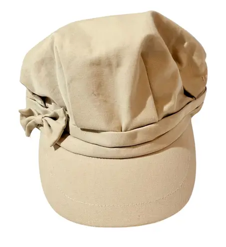 Womens Tan Newsboy Cap Bow Accent Cotton Twill Baker Boy Hat