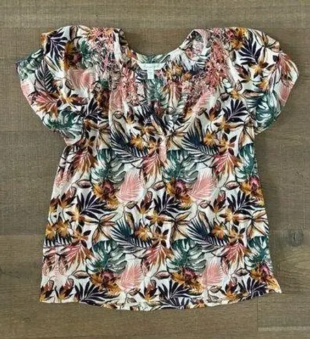 Garnet Hill poetica smocked floral tropical blouse