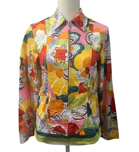 Coldwater Creek Retro Multicolored Floral Full Zip Collared Shirt Crop Jacket
