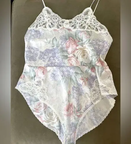 Vintage 1980’s Floral Nylon Lace Lingerie Playsuit Romper Bodysuit Sz Medium Pink