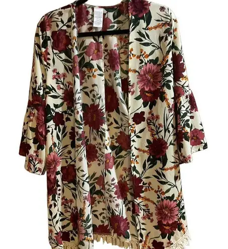 Time Tru Women's Floral Maroon Bell Sleeve Kimono Cover Up One Size Size 0