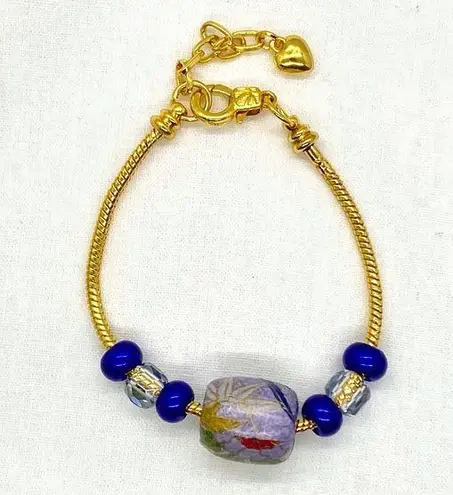 Floral Lavender Washi Bead & Glass beaded Gold Colored Snake Chain Bracelet Purple