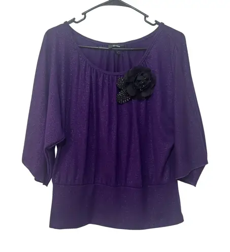 Y2K B. Wear Purple Sparkle Blouse XL Flower Applique Party Top Women's