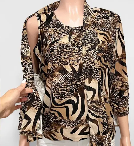 TANJAY Women's Animal Print Tank Top With Cardigan Jacket Set Size S Petite PS Brown