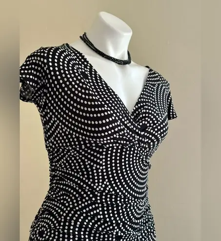 London Times  Black & White Polkadots Midi Short Sleeves Empire Dress Waist SZ 8