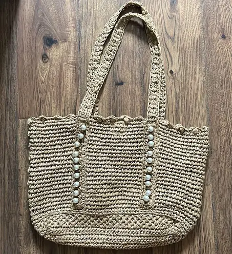 NWOT BTB Los Angeles Woven Straw Sand Lisbeth Pearl Tote Tan