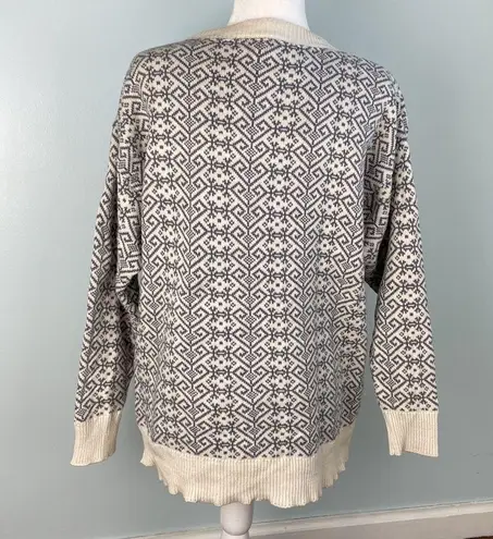 Vintage Fair Isle Sweater 100% Cotton Pullover Crewneck Size Large Gray White