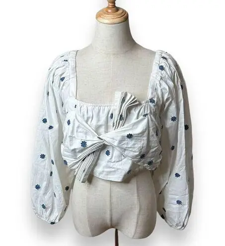 Farm Rio Flower Embroidered Cotton Crop Top White Blue Size XL