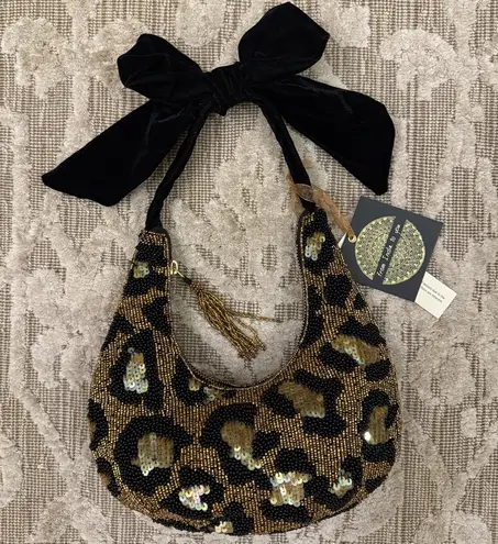 NWT Viral Leopard Cheetah Beaded Sequin Bag Black Velvet Bow Made in India New