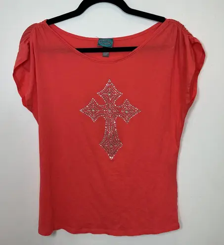Cowgirl Hardware Coral Rhinestone Cross Short Sleeve T Shirt Top S Orange