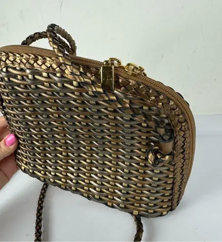 Vtg CEM Gold Metallic Woven Leather Crossbody Bag Full Zip