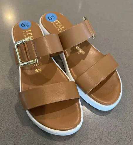 Italian Shoemakers Womans Leather Sandals Sz 6.5 Cognac Brown Slip On Made Italy