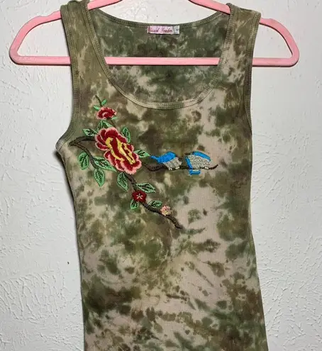 Tye Dye Embroidered Tank Top With Birds And Flowers Detailing
