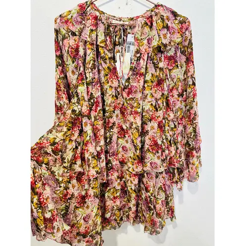 NWT DǑEN Women's Pink Floral Idette Tiered Ruffle Silk