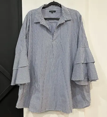 For Cynthia Women Striped Collared Tunic Top Pockets Bell Sleeve 3X Plus