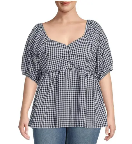 Terra & Sky Top Navy White Gingham Cotton Smocked Short Puff Sleeve Plus 1X NEW