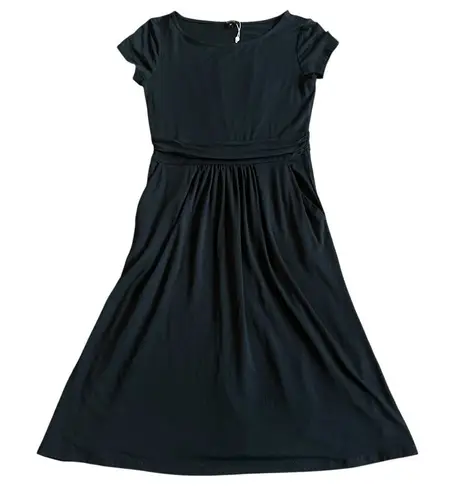 Quince Tencel Jersey Ruched Waist Dress Black Short Sleeve Stretch Medium NWT