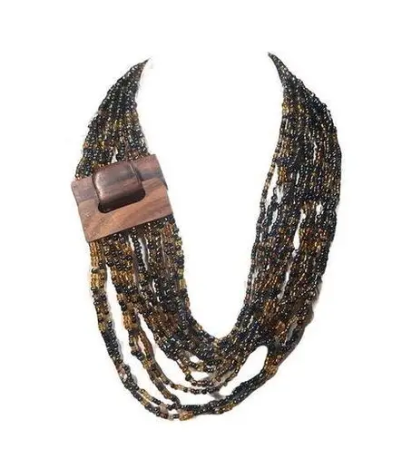 Vintage Amber Earth Tone Seed Bead Multi Strand Necklace with Wooden Belt Buckle Orange