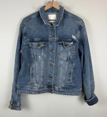 Ella Moss Denim Trucker Jacket Women Large Blue Distressed Button Front Western
