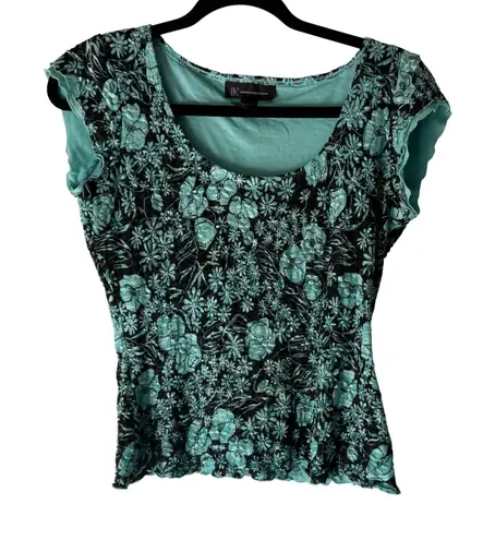 INC International Concepts Y2k Floral Lace Top Aqua Blue Black Fairy Whimsigoth