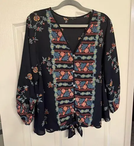 West Kei Floral Navy Blouse with Tie Front