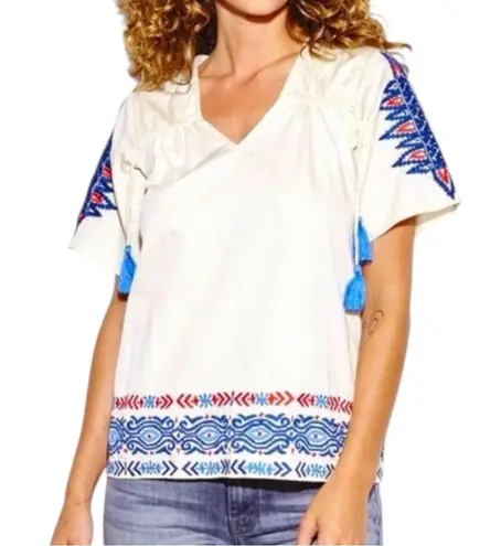 Anthropologie Pepin Women’s Size M White Red Blue Embroidered Cotton V