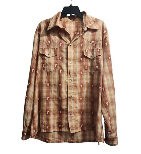 Western Plaid Shirt Long Sleeve Snap Button Cowboy Rodeo Style Size XL Brown