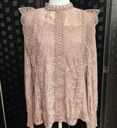 Cable & Gauge Full Lace Top Women L Long Smocked Sleeve Victorian Cottagecore Girly Romantic