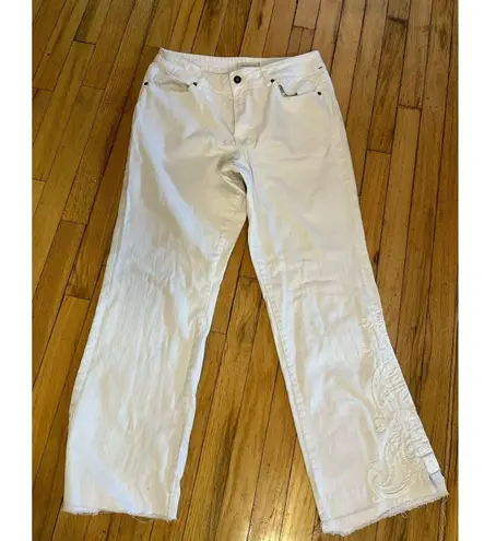 Coldwater Creek White Jeans Embroidered Frayed Hem Wide Leg Size 12