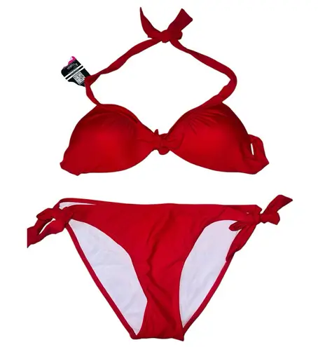 Vibrant Red Halter Bikini with Adjustable Ties Size L