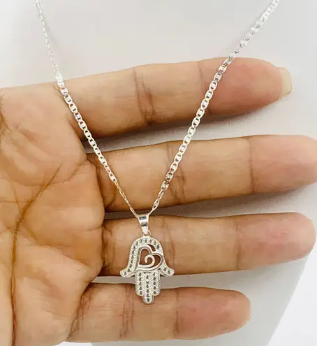 925 Sterling Silver Necklace and hand hamsa pendant White
