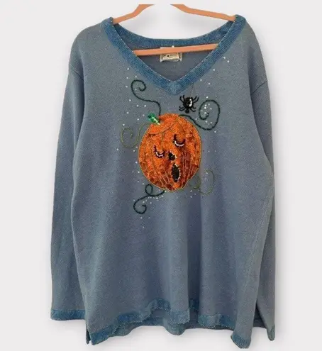 Vintage Halloween Sequin Jack O Lantern Pumpkin Coastal Grandma Sweater Blue Size XL