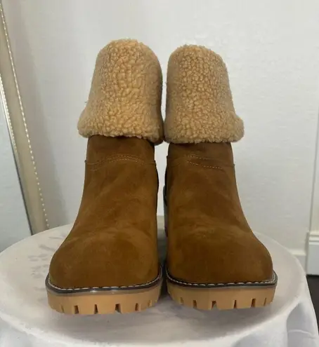 Chunky Teddy Furry Shearling Tan Brown Fold Over Ankle Boots EU 43 / US 12.5 Size 11.5