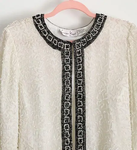 Vintage Ivory Black Sequined Beaded Embroidered Silk Dress Blazer Jacker Small